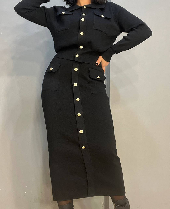 Костюм жіночий De Red 8672 кардиган з комірцем та довга спідницею золоті гудзики one size чорний , ч Одеса - фото 6