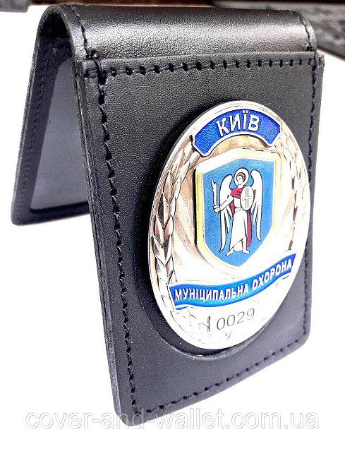 Шкіряна обкладинка на посвідчення "Муніципальна охорона" з відділенням для жетону (на книжечку) Київ - фото 3