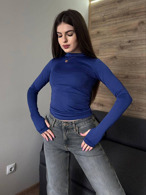 Жіночий модний лонгслів із вирізом для пальчиків мікродайвінг Синій, 46/48 Одеса - фото 2