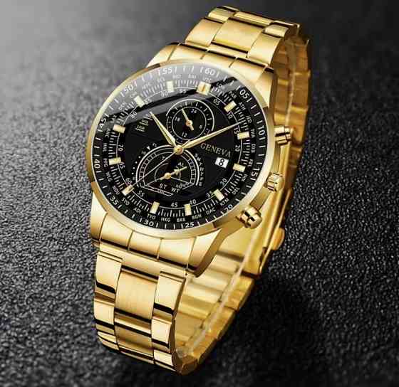 Подарочный набор для мужчин наручные часы с браслетом и цепочка с крестиком и кольцо золотистый Киев