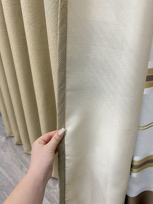 Комплект штор VR-Textil Лен Мешковина 100х270 2шт и Тюль 400х270 292ш-1579т Бежевый с молочным 71-160/2 Киев - изображение 5
