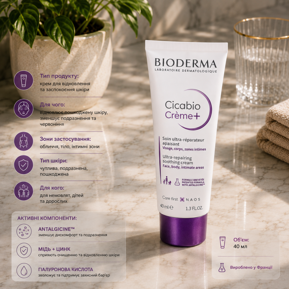 Bioderma Cicabio Creme+ 40 мл, ультравосстанавливающий успокаивающий крем для чувствительной и поврежденной кожи, восстановление и Киев - изображение 1