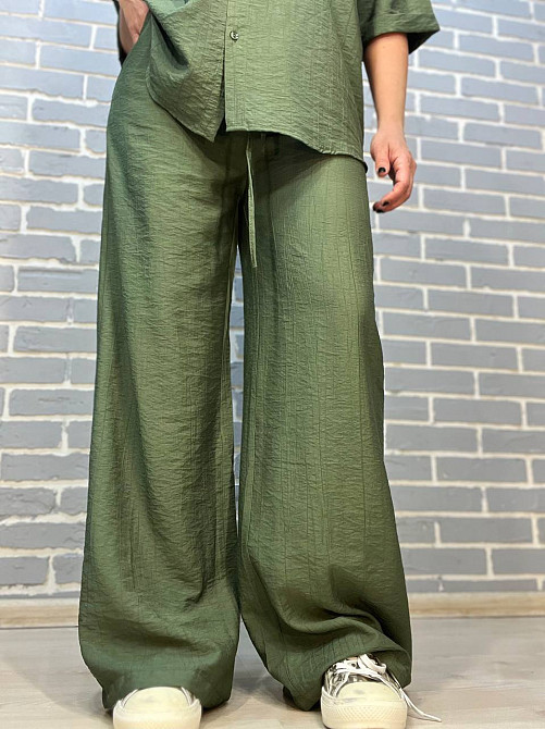 Костюм жіночий Mix Ray 4218 тканина жатка сорочка на гудзиках кишені та широкі штани на резинці хакі, хакі, S Київ - фото 2