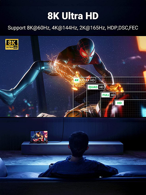 Мультимедійний Display Port кабель V1.4 Ugreen DP114 8K@60Hz 4K@144Hz 80393 (Чорний, 3м) Николаев - изображение 3