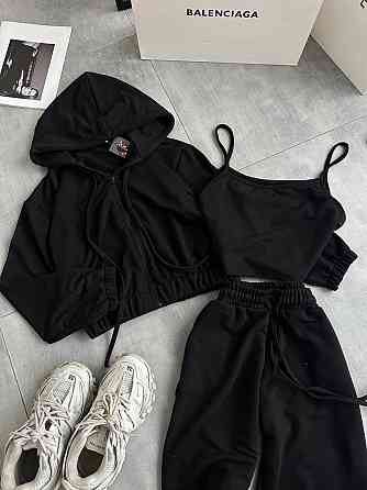 Жіночий повсякденний костюм-трійка: кофта топ і штани двонитка Чорний, 46/48 Одеса