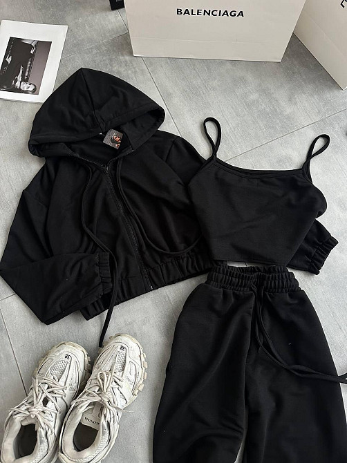 Женский повседневный костюм тройка: кофта топ и штаны двунить 46/48, Черный Одесса - изображение 1