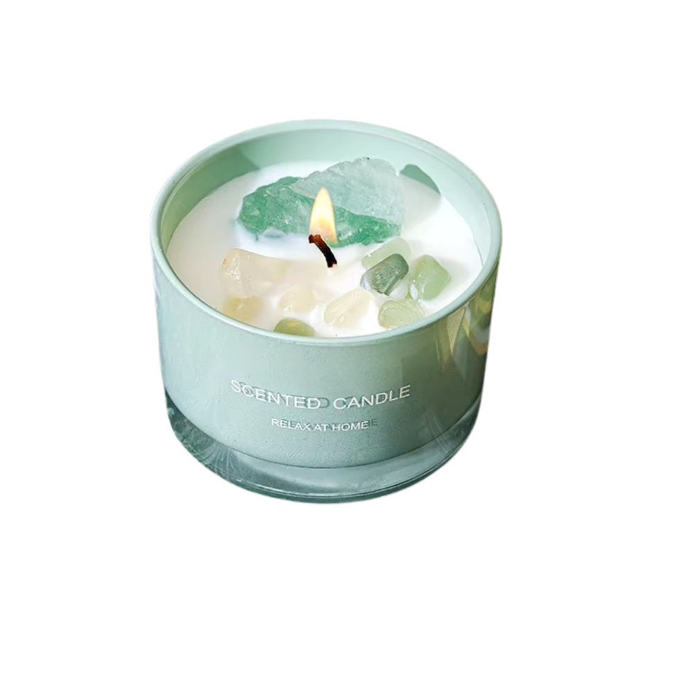 Свічка ароматична "Фруктова спокуса" у скляній чаші з декором з кварцових каменів у зеленому кольорі Кам'янець-Подільський - фото 3