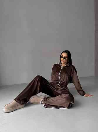 Женский повседневный велюровый костюм двойка: кофта и брюки Шоколадный, 42/46 Одесса