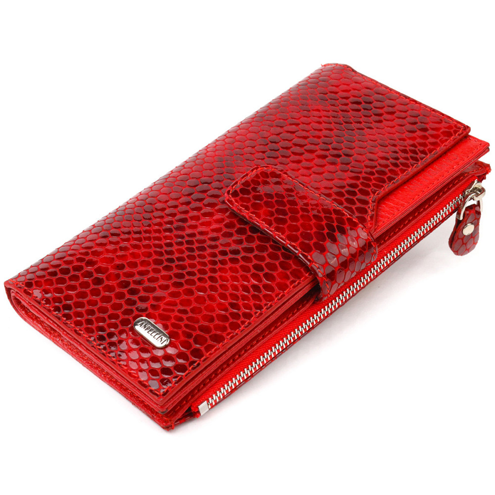 Лакований жіночий гаманець із натуральної шкіри з тисненням під змію Червоний (CANPELLINI) Київ - фото 5