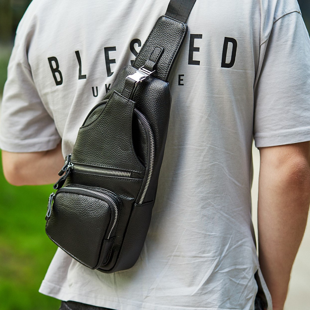 Чоловіча шкіряна сумка слінг через плече з натуральної шкіри чорна TIDING BAG Київ - фото 9