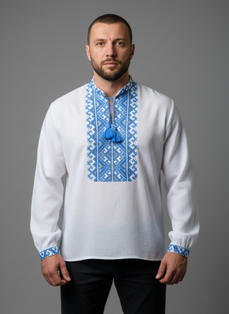 Чоловіча вишиванка з домотканого полотна голубий  орнамент Київ
