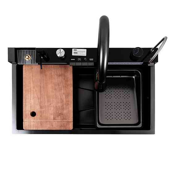 PLATINUM Кухонна мийка CM 75*46C PVD чорна Platinum Handmade "ВОДОСПАД" (Декор) Киев