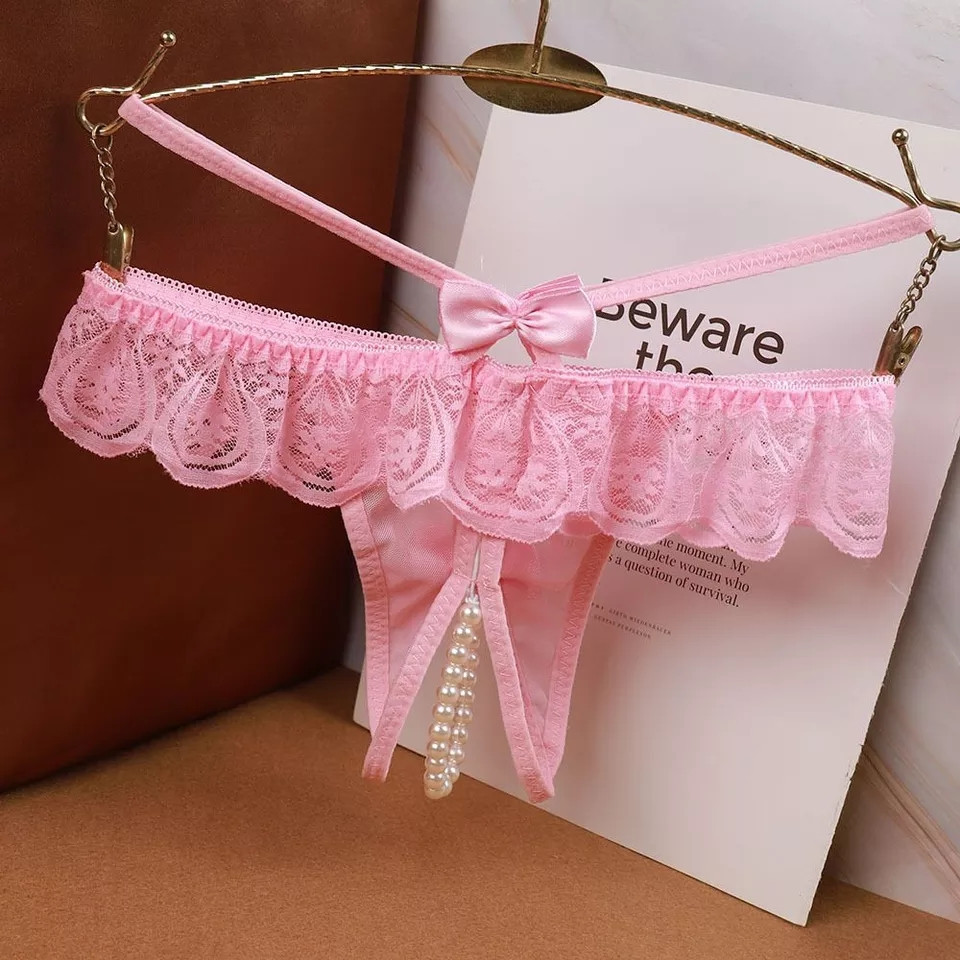 Еротичні трусики жіночі з розрізом і перлами рожеві - розмір універсальний (на резинці) Київ - фото 1