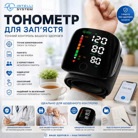 Автоматический тонометр на запястье Intelli System Black цифровой с сенсорным LED экраном, памятью на 198 измерений и футляром Киев