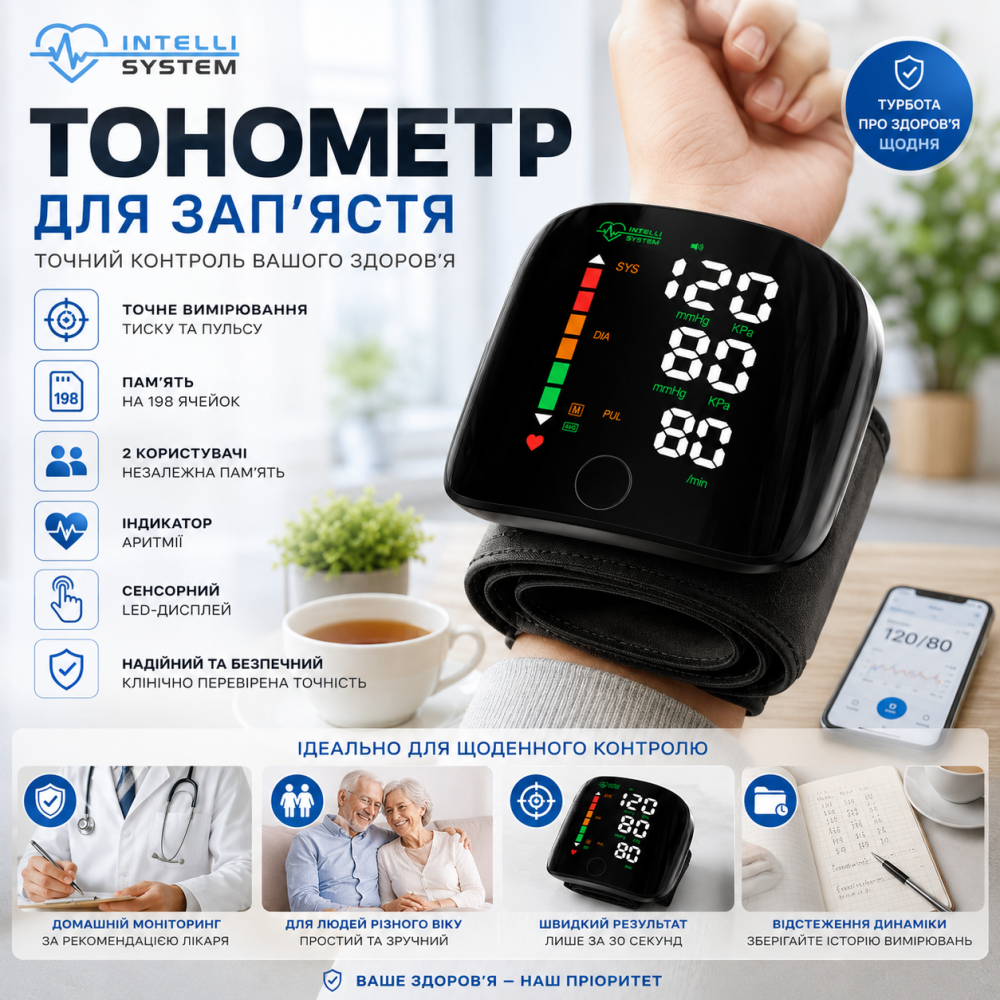 Автоматический тонометр на запястье Intelli System Black цифровой с сенсорным LED экраном, памятью на 198 измерений и футляром Киев - изображение 1