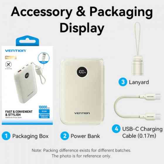 УМБ Vention 10000mAh 22,5W Fast Charging, USB-A, 2xUSB-C, with built-in USB-C cable, Blue Київ