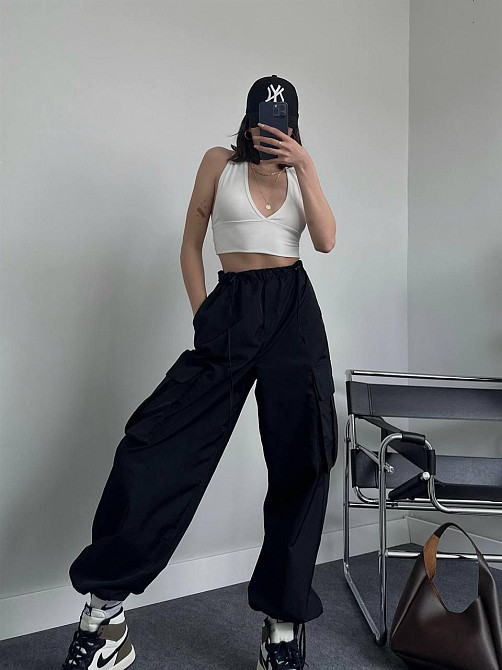 Жіночі широкі плащові штани карго матова плащівка Чорний, 42/44 Одеса - фото 4