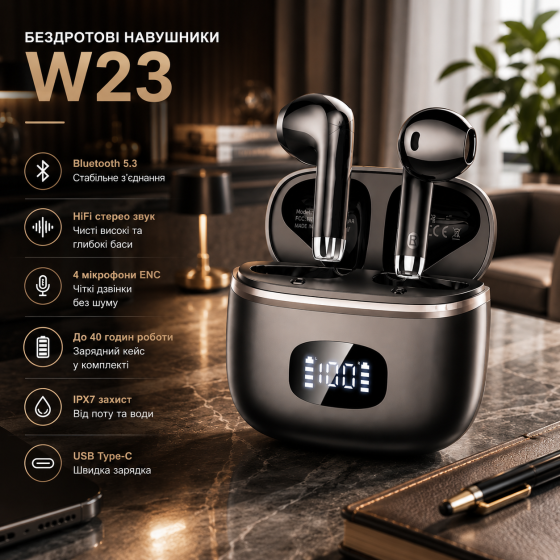 Беспроводные наушники POMUIC W23 Bluetooth 5.3, HiFi стерео, 4 микрофона ENC, IPX7, до 40 часов, USB-C Киев