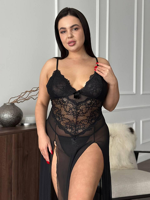 Сексуальний пеньюар з мереживом довгий з розрізом великих розмірів PLUS SIZE прозорий чорний ажурний з глибоким декольте 4XL Одеса - фото 7