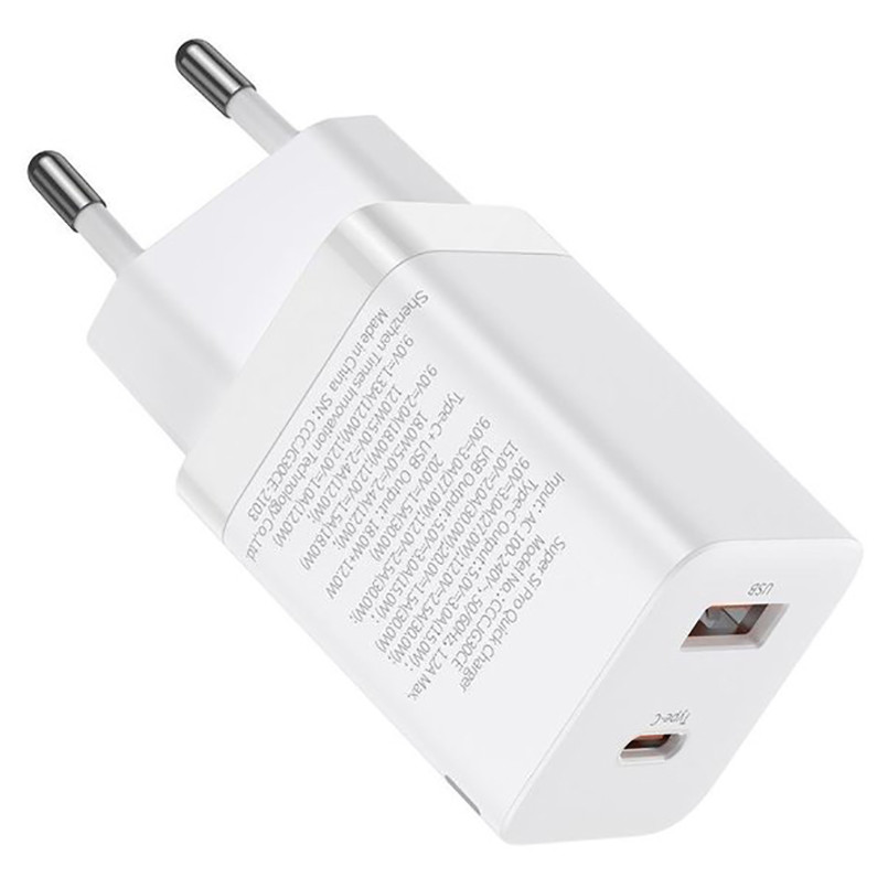 Мережевий зарядний пристрій Baseus Super Si Pro Quick Charger Type-C+USB 30W білий Львів - фото 4