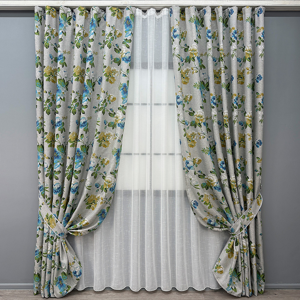 Комплект штор VR-Textil Лен Прованс 100х270 2шт и Тюль 400х270 2082ш-115т Разноцветный с белым 71-217/2 Киев - изображение 1