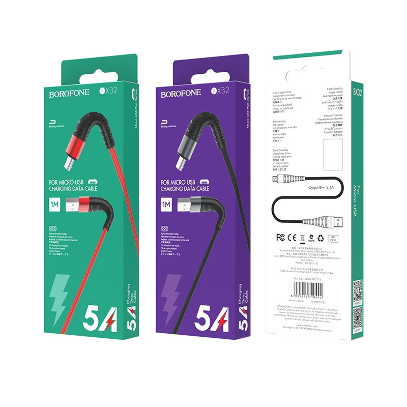 Кабель BOROFONE BX32 USB - Micro 2.4A, 1m, нейлон, aluminum+TPE разъемы, цвет черный BX32MB Одесса - изображение 2