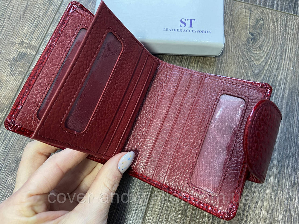 Женский лаковый кожаный кошелек не большого размера красного цвета на много карточек ST AE 415 Киев - изображение 3