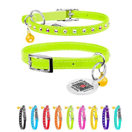 Нашийник WAUCAT Glamour з резинкою, клейовими стразами, для котів (ширина 9мм, довжина 22-30см) салатовий Київ