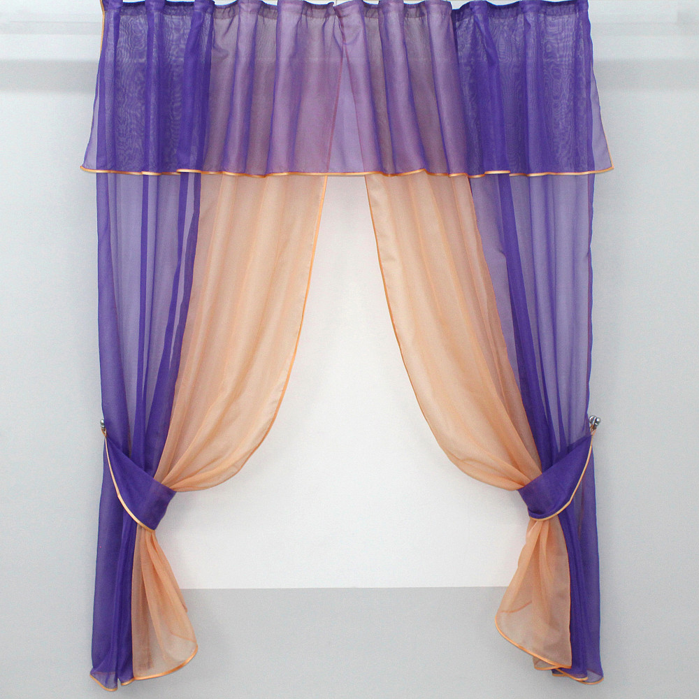 Кухонные шторы VR-Textil № 090к с ламбрекеном и подвязками фиолетовый с персиковым 270х170 см (50-307) Киев - изображение 1