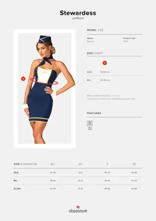 Еротичний костюм стюардеси Obsessive Stewardess uniform M/L, blue, сукня, пілотка, шарф, манжети Львів