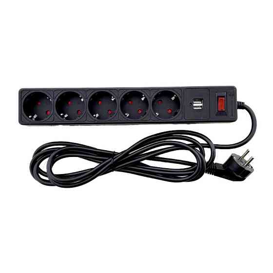 Сетевой фильтр с заземлением 5 гнезд + 2USB, 3 м, черный, защитные шторки Днепр