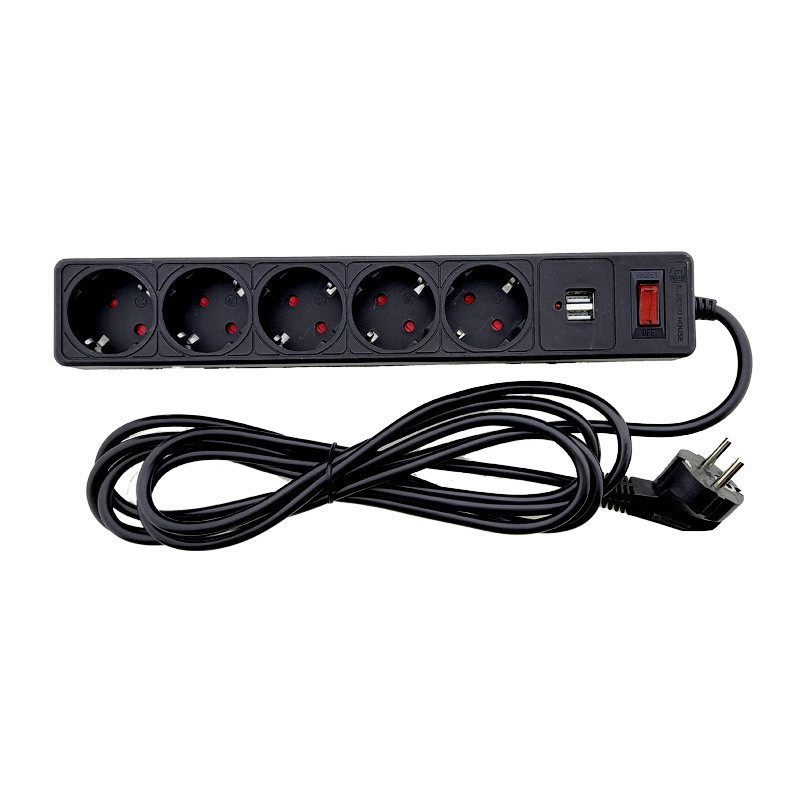 Сетевой фильтр с заземлением 5 гнезд + 2USB, 3 м, черный, защитные шторки Днепр - изображение 1