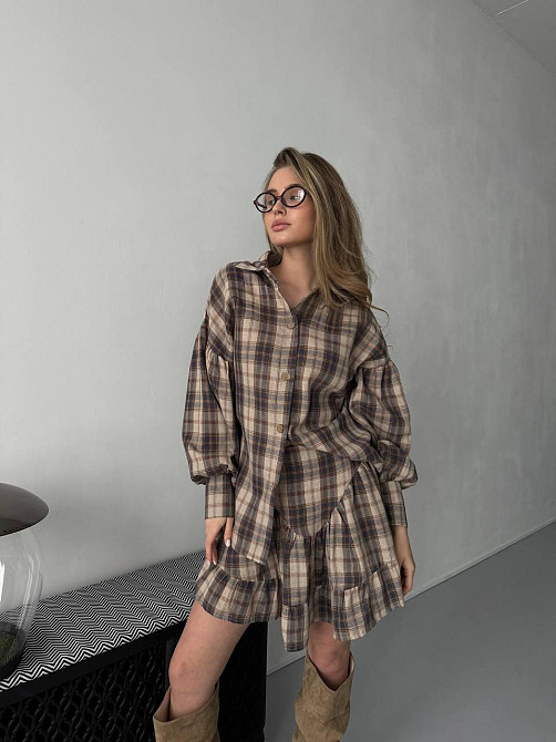 Жіночий стильний костюм-двійка: сорочка та спідниця в карту тіар Бежевий, 46/48 Одеса - фото 8