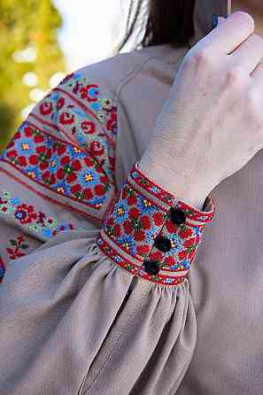 Вышиванка женская, льняная, кофейная, с длинным рукавом, топ Киев