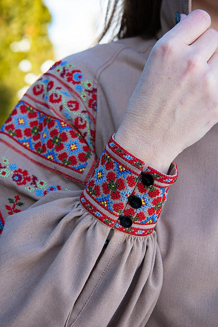 Вышиванка женская, льняная, кофейная, с длинным рукавом, топ Киев - изображение 6