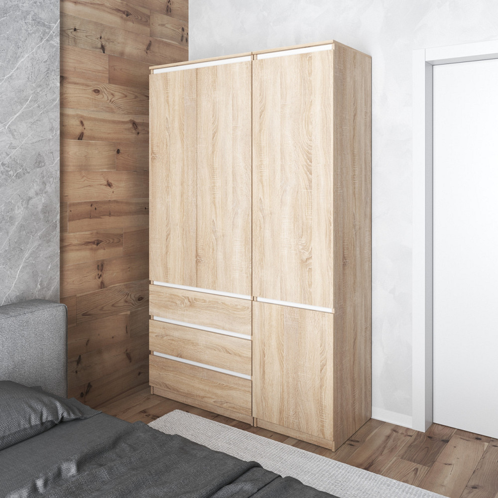 Шкаф для одежды VAYS в спальню с 3 шухлядами, штангой и полками, без ручек R9+R22 Дуб Сонома-Белые планки Львов - изображение 1