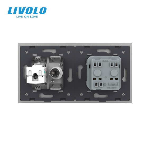 Розетка двомісна комбінована Силова Інтернет ТБ Livolo сірий скло (VL-C7C1EU1V1C-15) Коломыя
