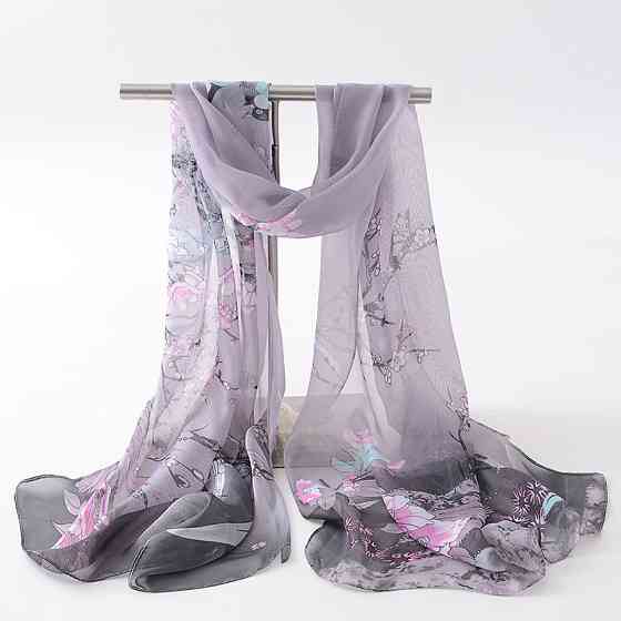 Шарф из шифона с птичками женский 145 на 48 см серый Киев