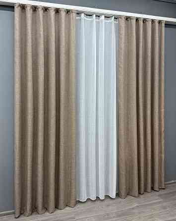 Комплект штор VR-Textil Лен Мешковина 150х270 2шт и Тюль 600х270 113ш-115т Светло-кофейный с белым 71-053/5 Киев