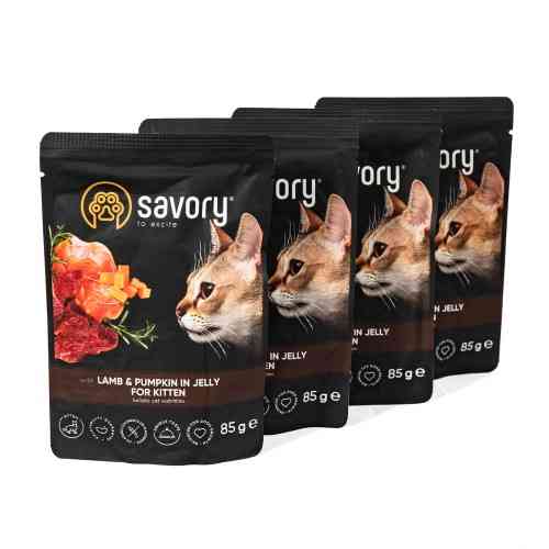 Набір паучів 3+1 Savory Kitten Lamb and Pumpkin in Jelly для кошенят шматки в желе з ягням та гарбузом 4х85 г Київ
