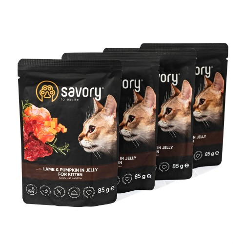 Набір паучів 3+1 Savory Kitten Lamb and Pumpkin in Jelly для кошенят шматки в желе з ягням та гарбузом 4х85 г Київ - фото 3