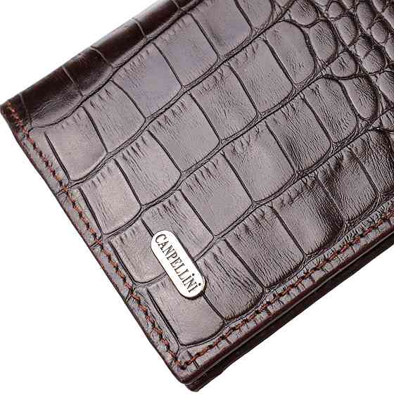 Практичний чоловічий вертикальний гаманець із натуральної шкіри з тисненням під крокодила Коричневий (CANPELLINI) Київ