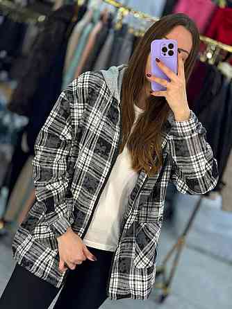 Жіноча тепла сорочка з капюшоном у карту байка на хутрі Чорний Одеса