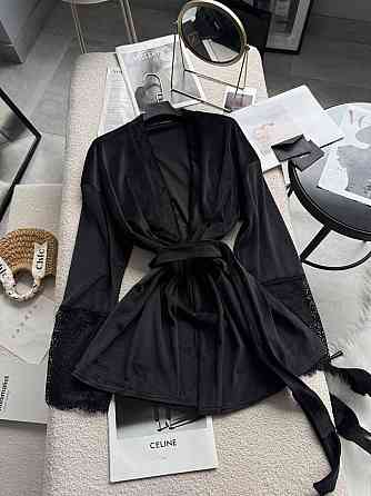 Жіночий стильний романтичний велюровий халат + мереживо Чорний Одеса