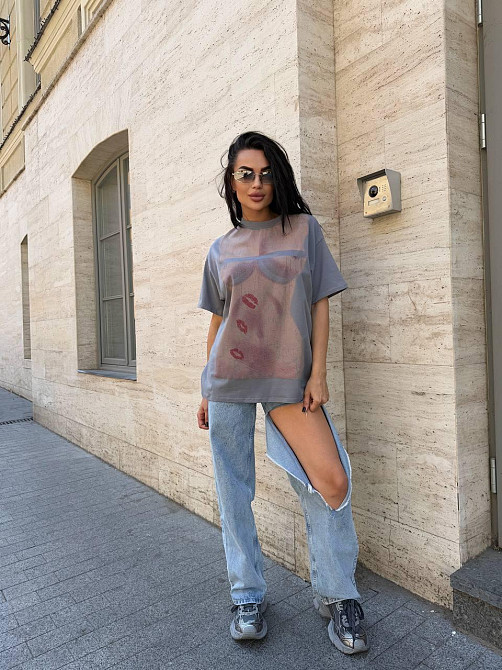 Женская стильная оверсайз футболка с накатом турецкий кулир Пепел Одесса - изображение 4