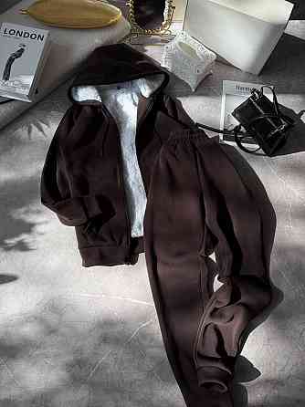 Жіночий теплий повсякденний костюм-двійка: худі + штани, тринитка на флісі + хутро Шоколад, 46/48 Одеса