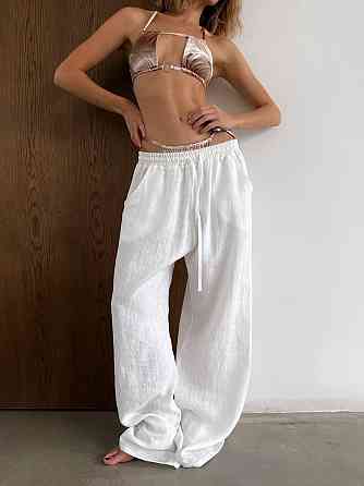 Женский летний оверсайз костюм двойка: рубашка и брюки из смягченного льна креш Молочный, 42/46 Одесса