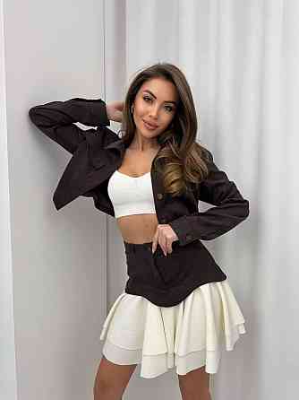 Жіночий стильний костюм-двійка: жакет і спідниця мікровельвет + трикотаж рубчик Шоколад, 46 Одеса