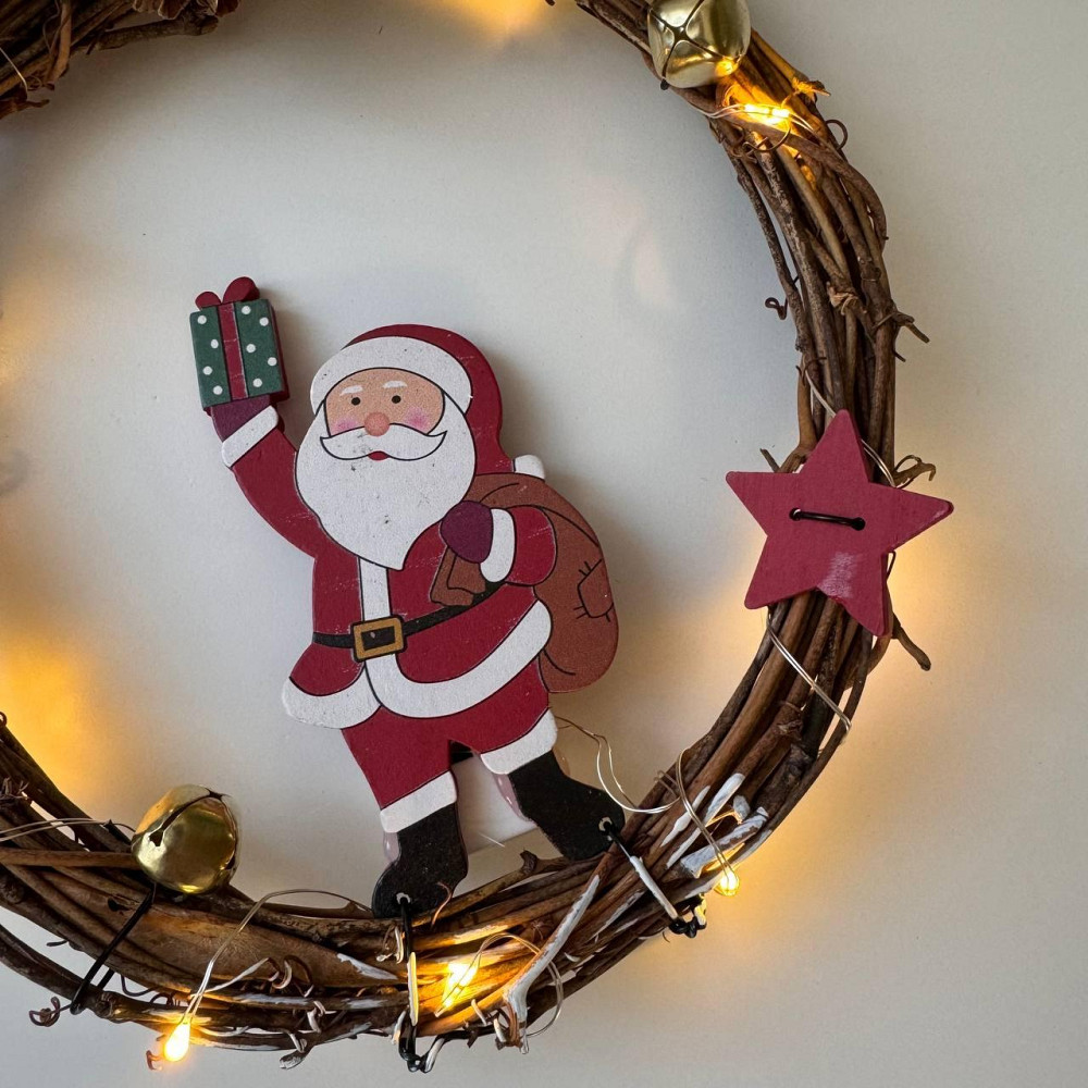 Рождественский венок из ротанги новогодний венок подвесной декор 18 см Niki Light LED от батареек дед мороз Киев - изображение 8