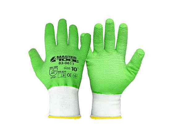 MASTERTOOL Рукавички трикотажні безшовні MASTERTOOL повне ребристе латексне покриття 10" підвіс Коломия